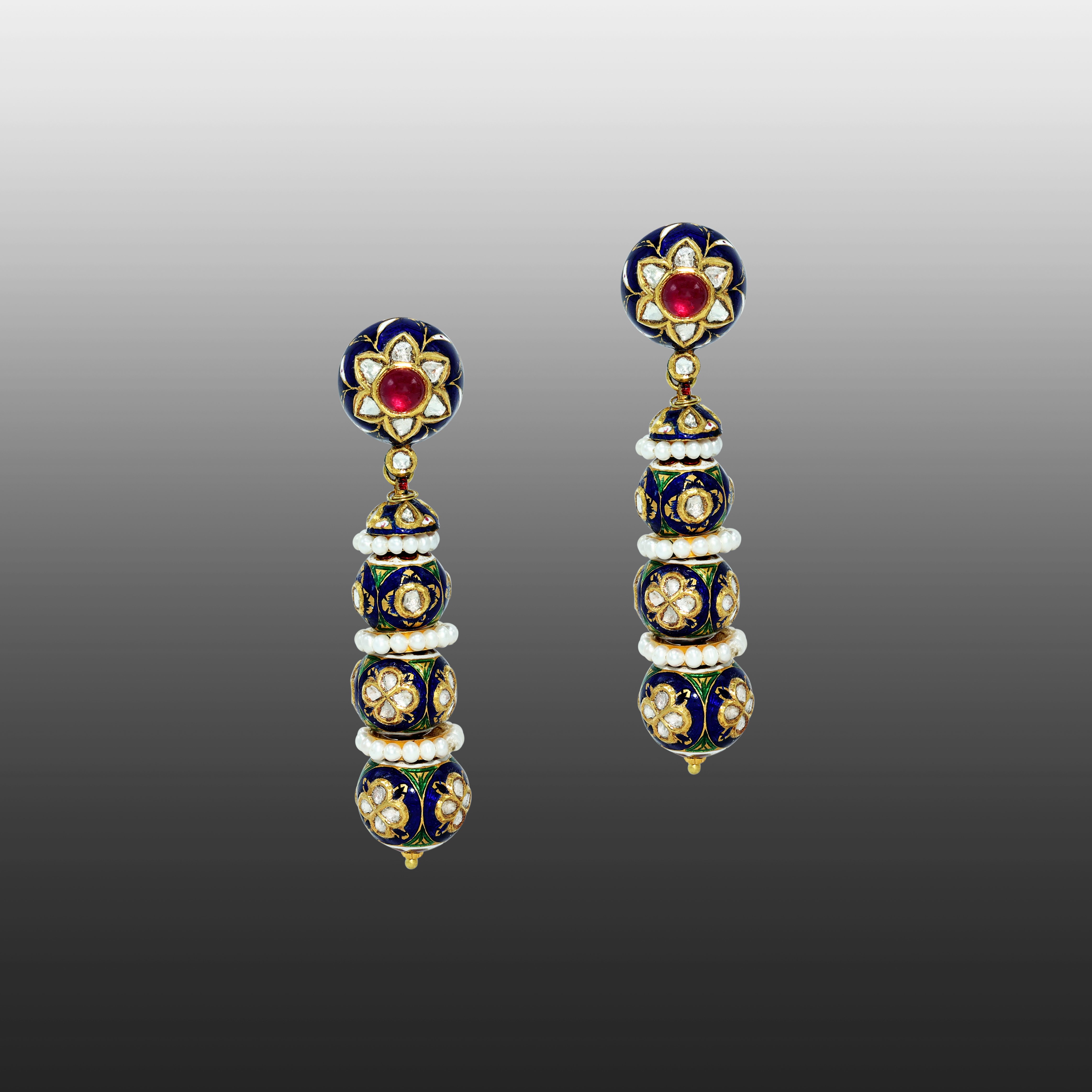 Floral Ruby Stud Earrings with Blue Meenakari and Polki Beads